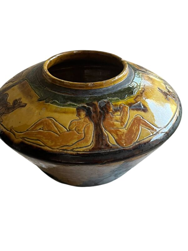 Chomel. 1931. Vase Art Deco “Jardin d’Eden” . Terre cuite vernissée h 16 cm