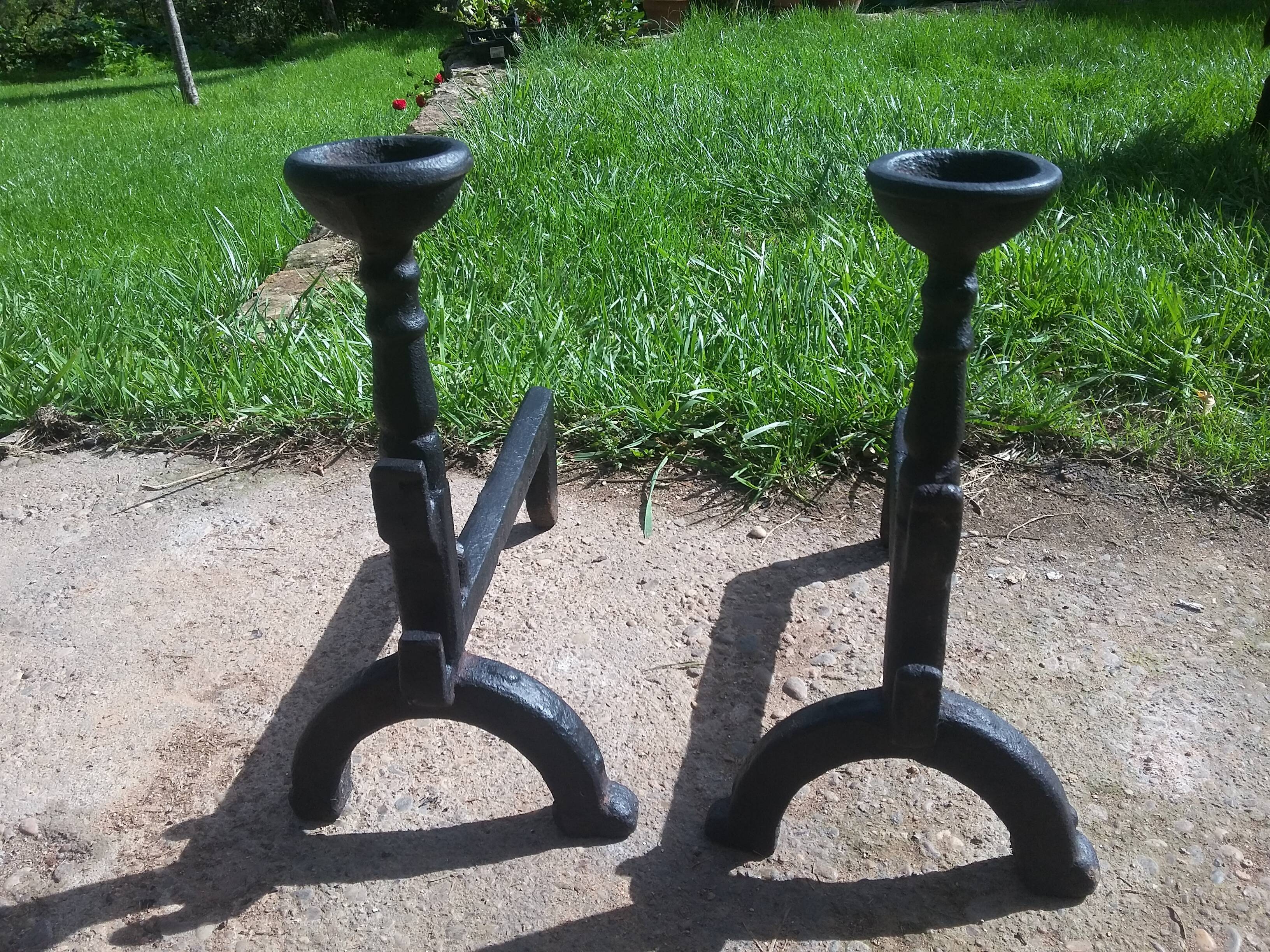 Pair of Small Fireplace Andirons with Bowls