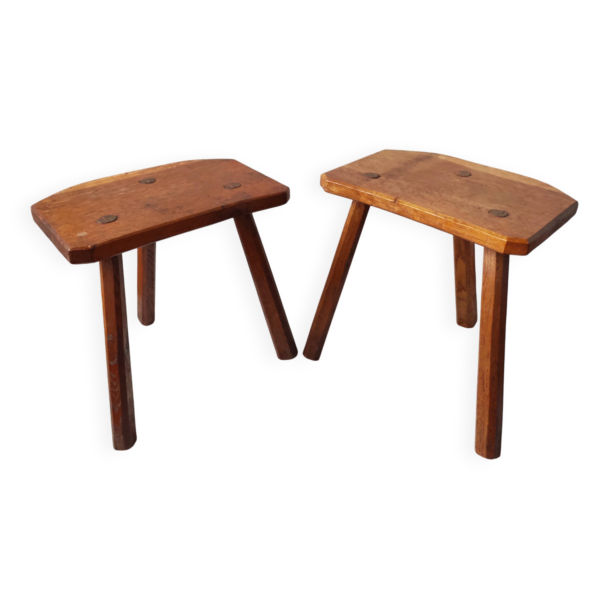 Pair of brutalist tripod stools in solid wood.