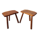 Pair of brutalist tripod stools in solid wood.