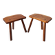 Pair of brutalist tripod stools in solid wood.
