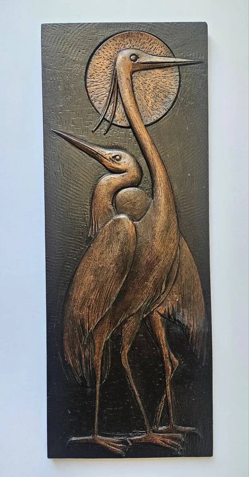 Rare Wall Wood Relief Sculpture of Herons, 1960s