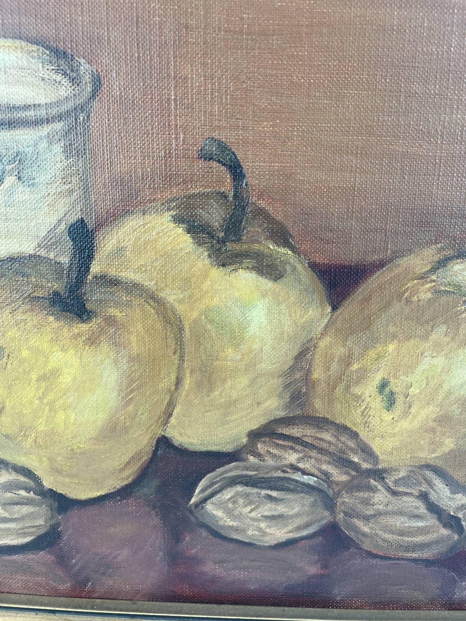 Oil painting on canvas, still life with fruits and pot, nuts, signed, George Cros, signed