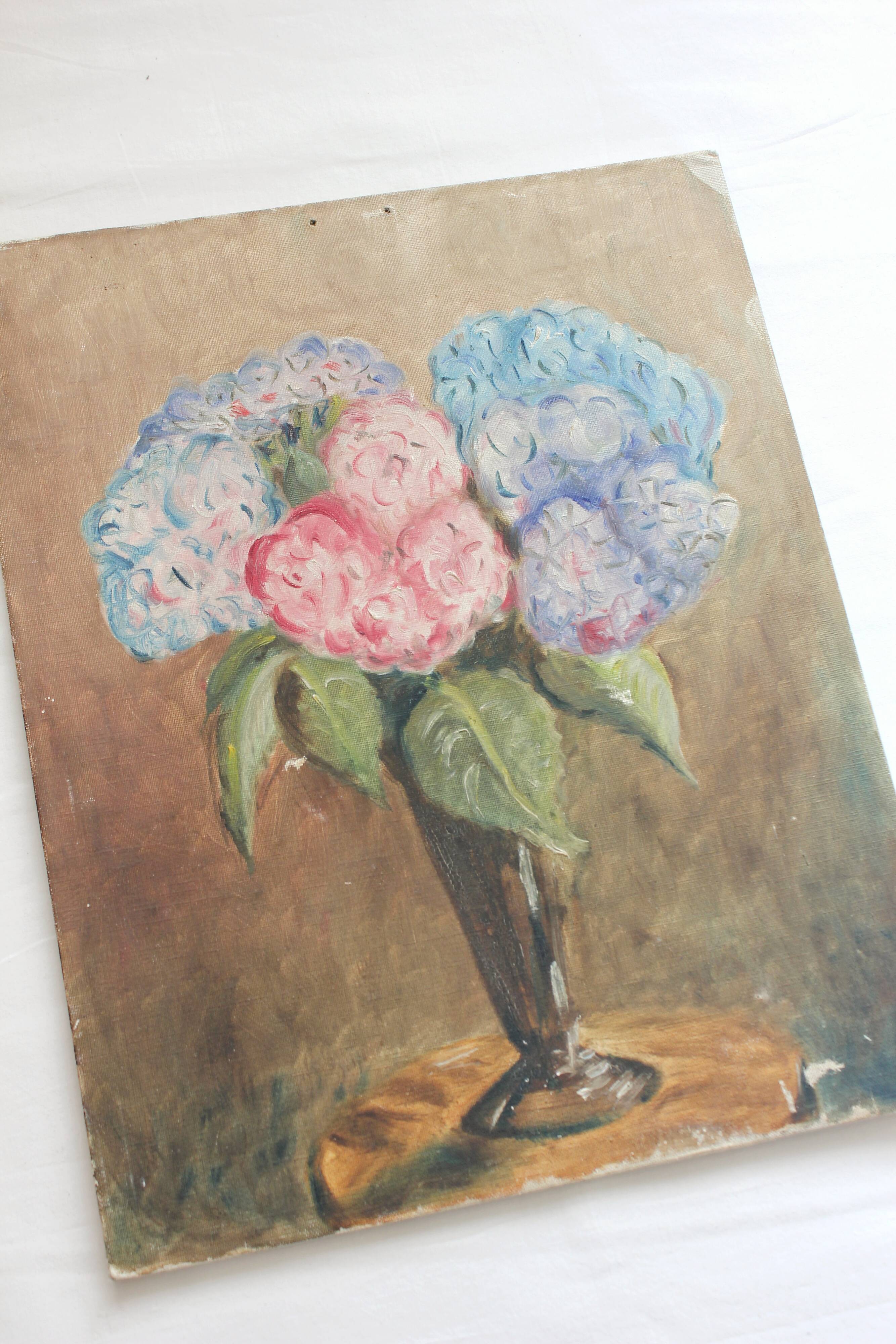 Antique oil painting on cardboard, bouquet of flowers
