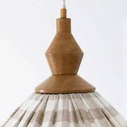 "Olga" pleated pendant light in beige checked fabric and turned wood finish