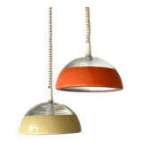 Pair of glass and holophane metal pendant lights, 1970s