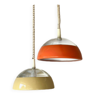 Pair of glass and holophane metal pendant lights, 1970s