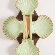 Vintage decorative plate in wood and ceramic with green shells, France, 1960s.