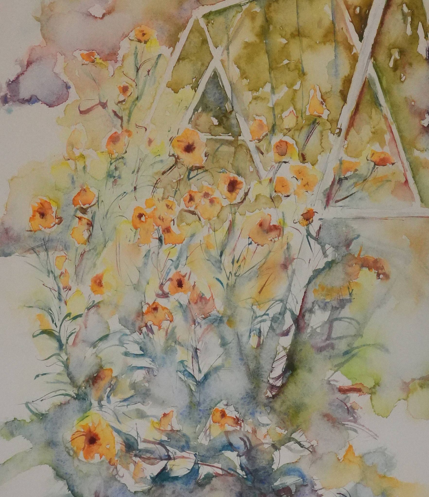 Ecole XXe : Le parc fleuri, aquarelle originale signée