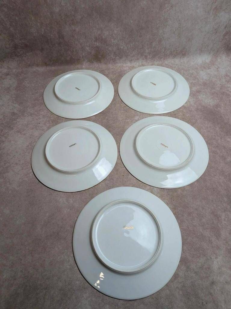 Set of 5 flat plates in Limoges porcelain – Floral decoration and gilding