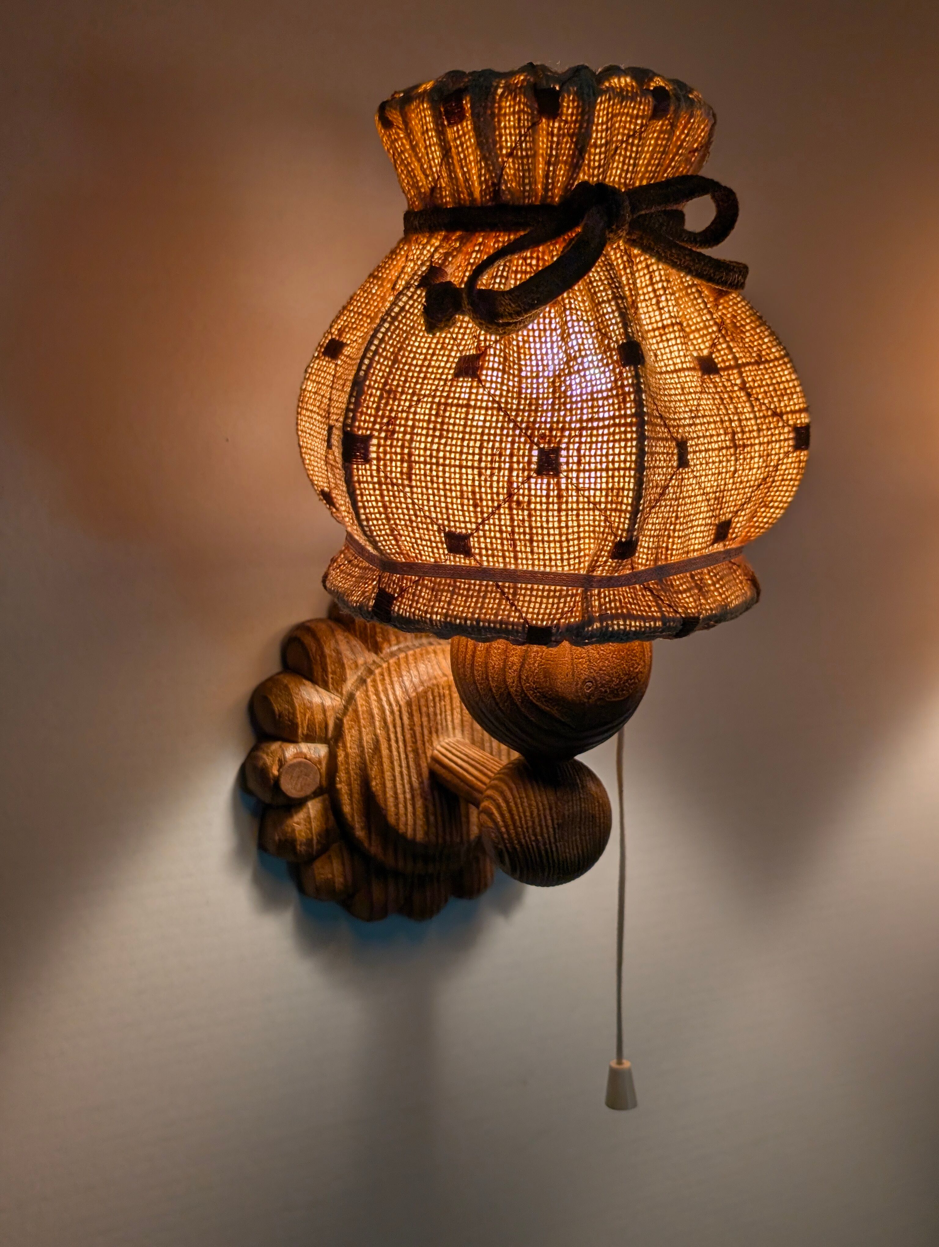 Pair of carved pine wall lights with jute shades, Swedish design, 1970s