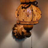 Pair of carved pine wall lights with jute shades, Swedish design, 1970s