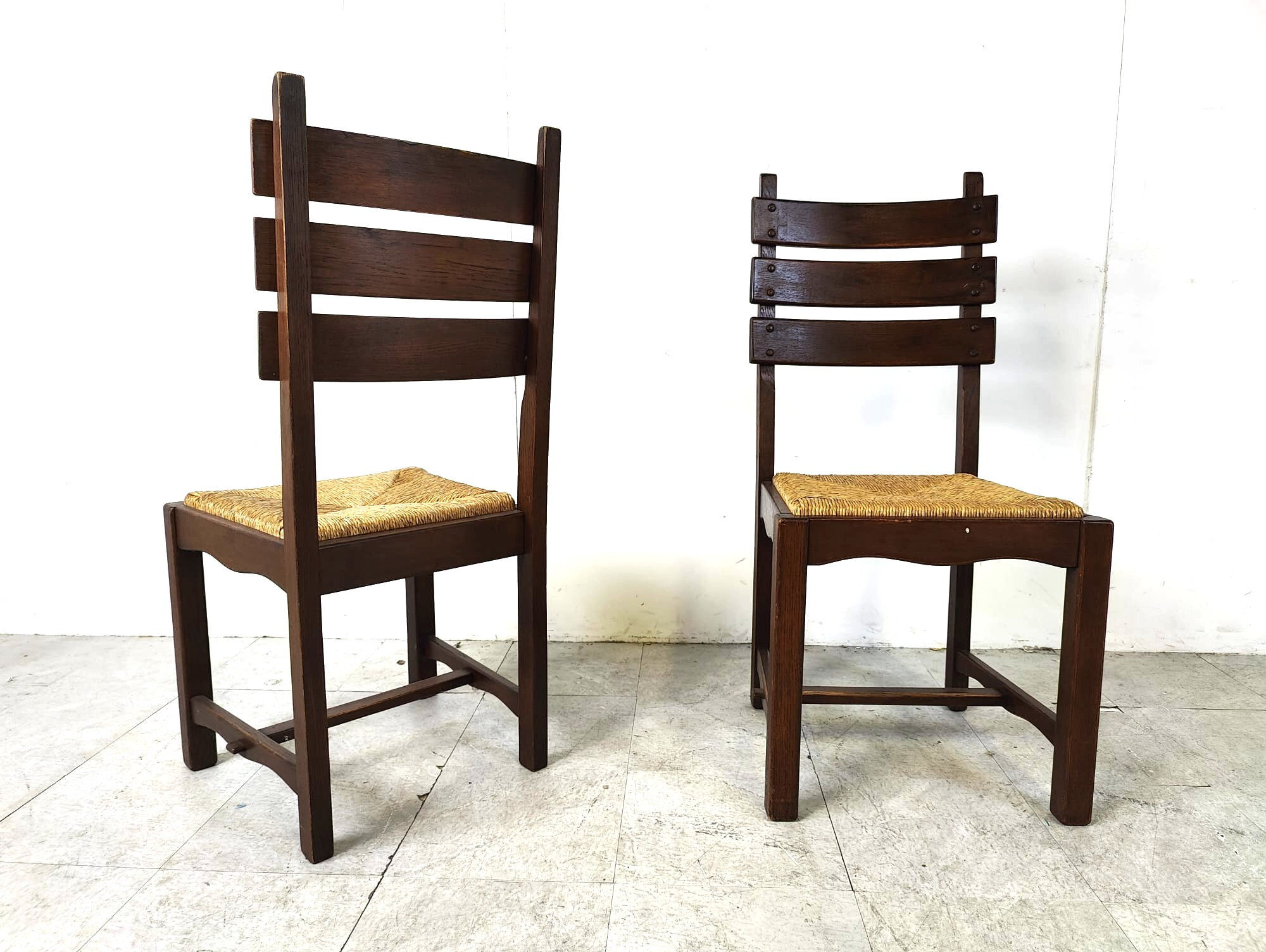Vintage oak and wicker brutalist dining chairs, 1960s