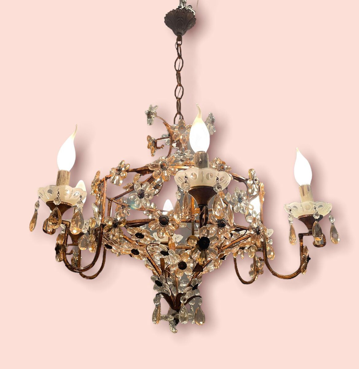 Italian Pink Murano Glass Flower Chandelier, 1950s