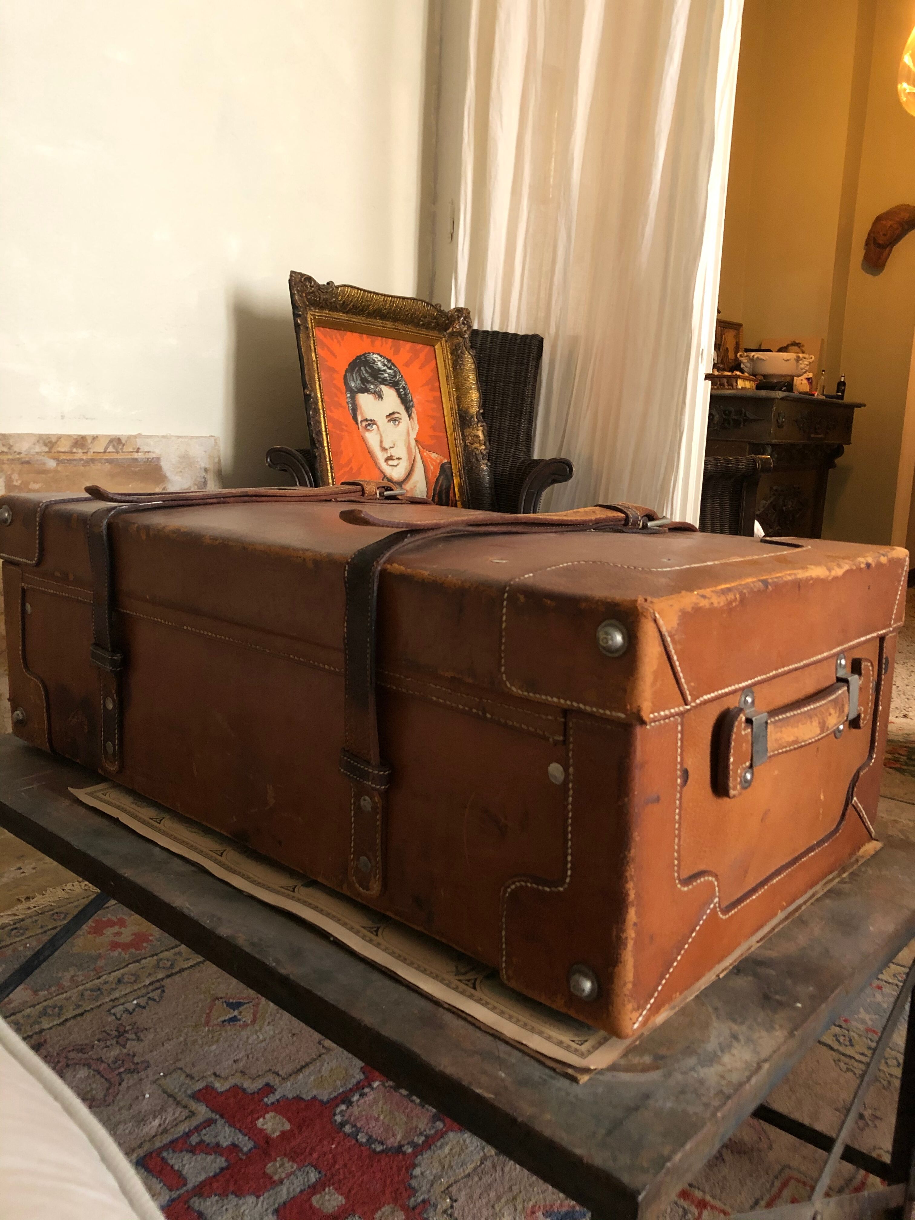 Former leather trunk with Louis Vuitton label holder