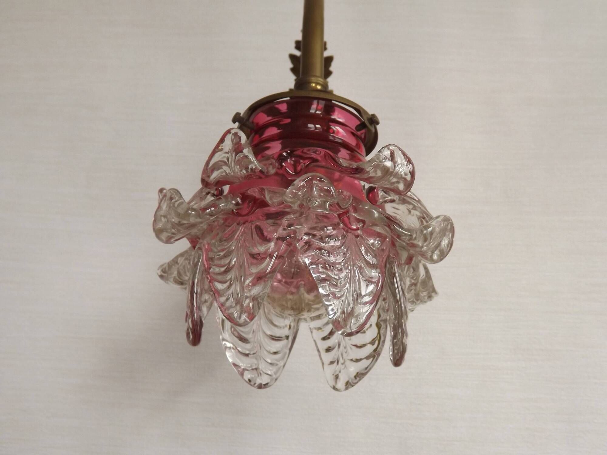 French Brass Single Wall Light with Pink & Clear Floral Glass Shade