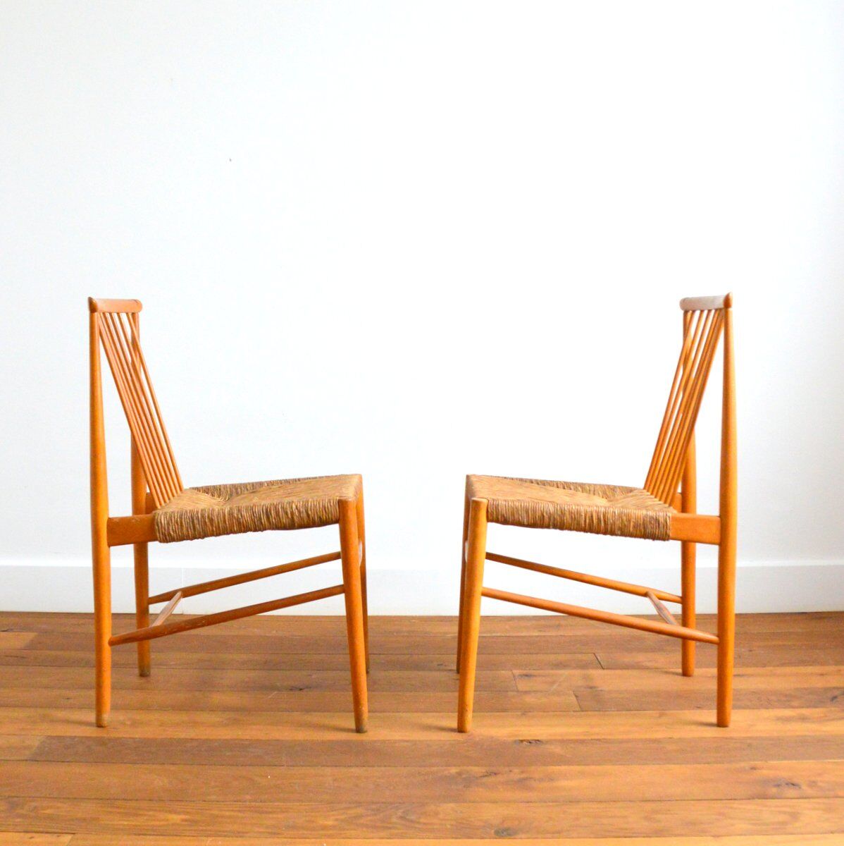 Pair of Dutch chairs wood and vintage straw 1950