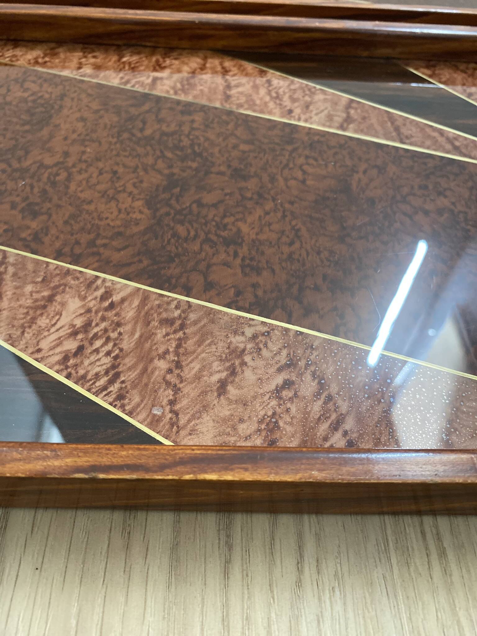 Duo of vintage wooden trays marked art deco