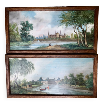 Paire de tableaux , vue sur des châteaux, huiles encadrées et signées de Dupont