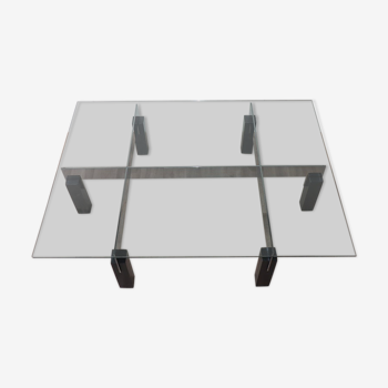 Table basse minimaliste sculpturale en acier et verre 1970