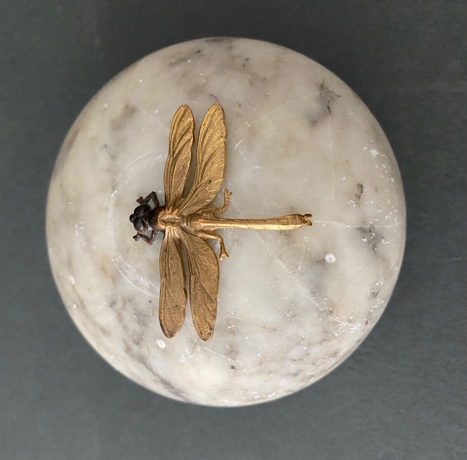 1900 alabaster ball shaped box surmounted by a golden dragonfly