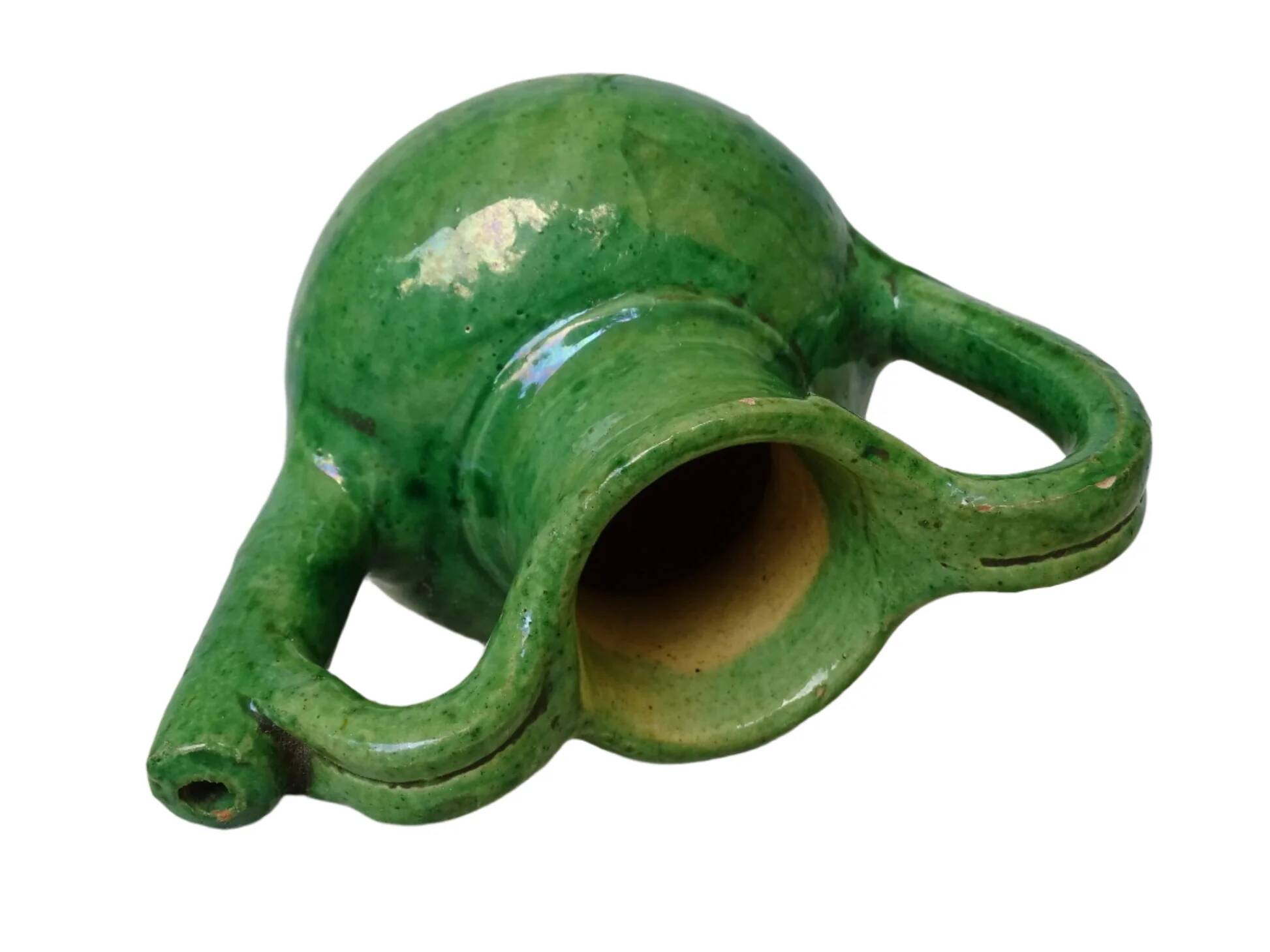 Orjol ou cruche vert antique français en terre cuite émaillée