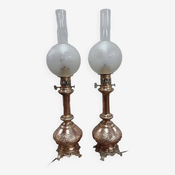 Pair of brass oil lamps