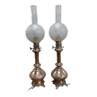 Pair of brass oil lamps