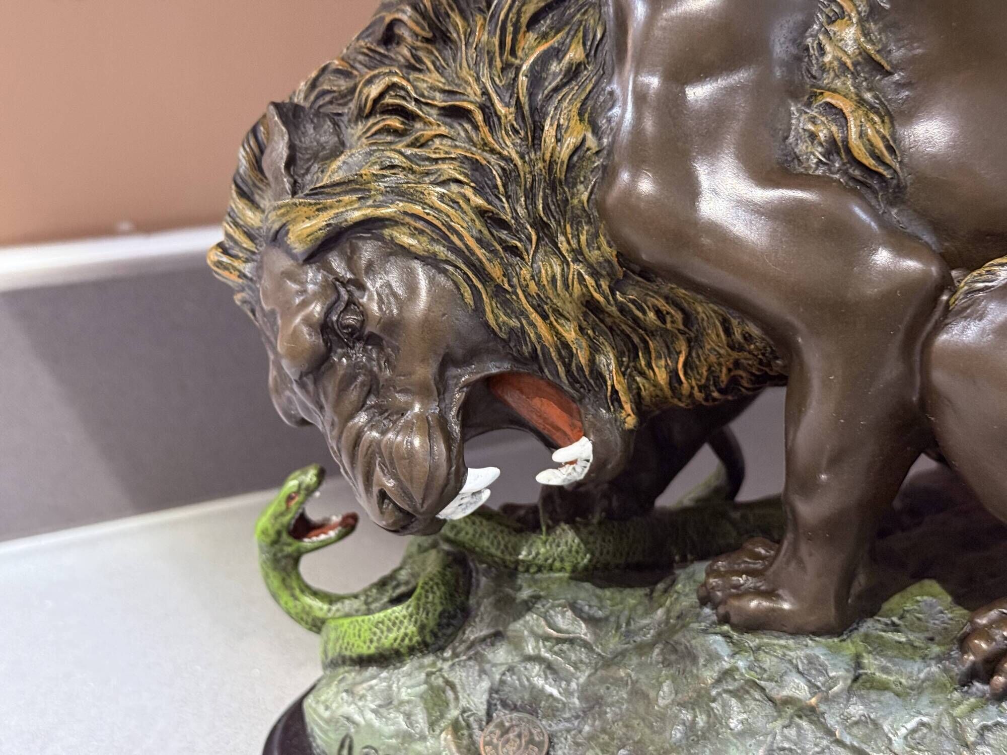 Antique Cold-Painted Bronze Lion Fighting a Snake, After Antoine-Louis Barye