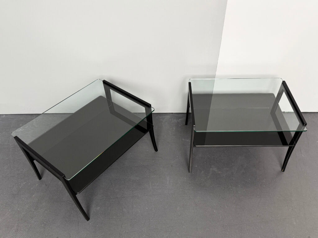 Pair of bedside tables, bedside consoles, black lacquer with glass tops, Italy, 1970s