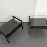 Pair of bedside tables, bedside consoles, black lacquer with glass tops, Italy, 1970s