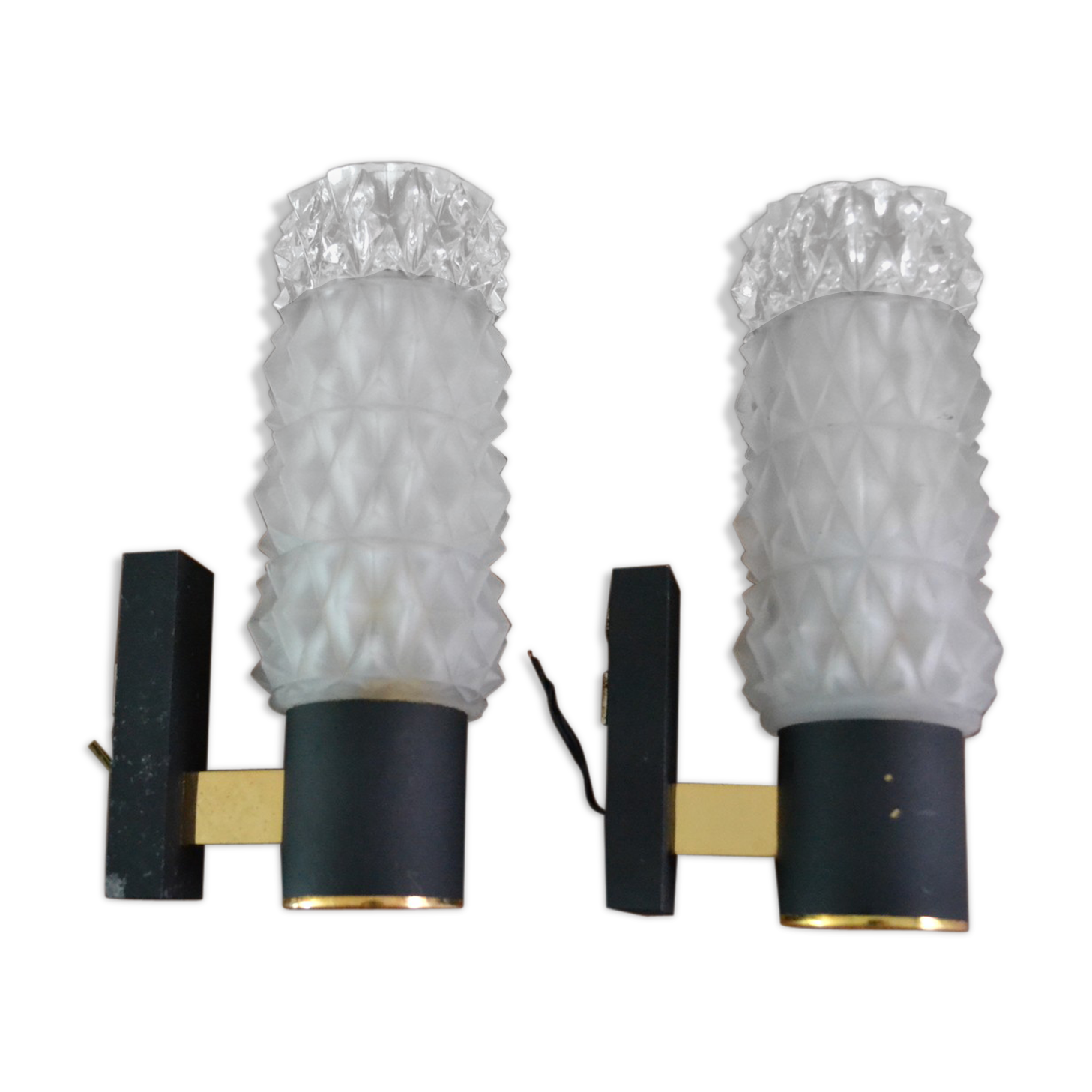 Pair of Arlus sconces with golden brass and glass, 50