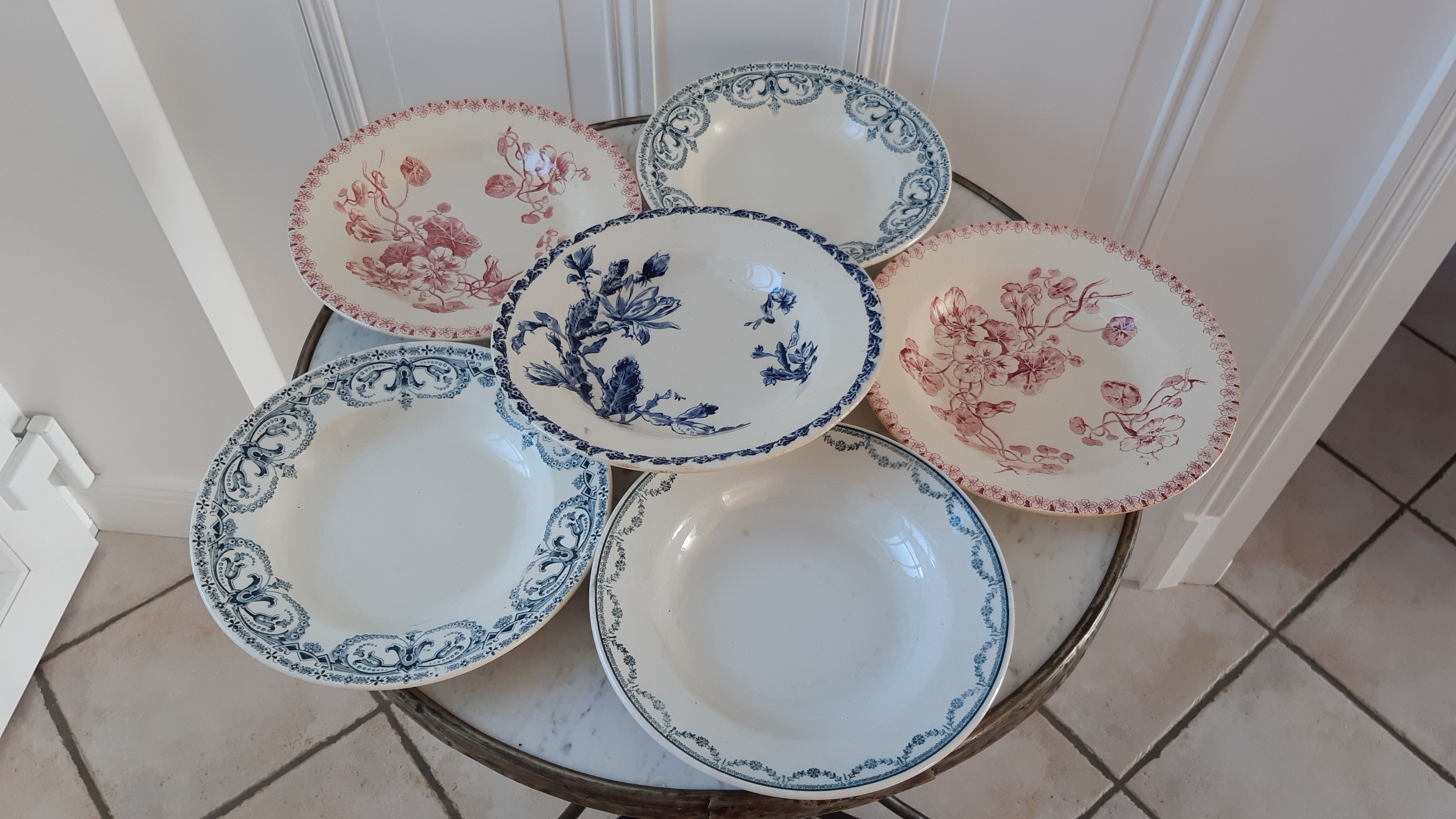 Lot de 6 assiettes creuses Terre de Fer dépareillées Gien et St Amand fin XIXème