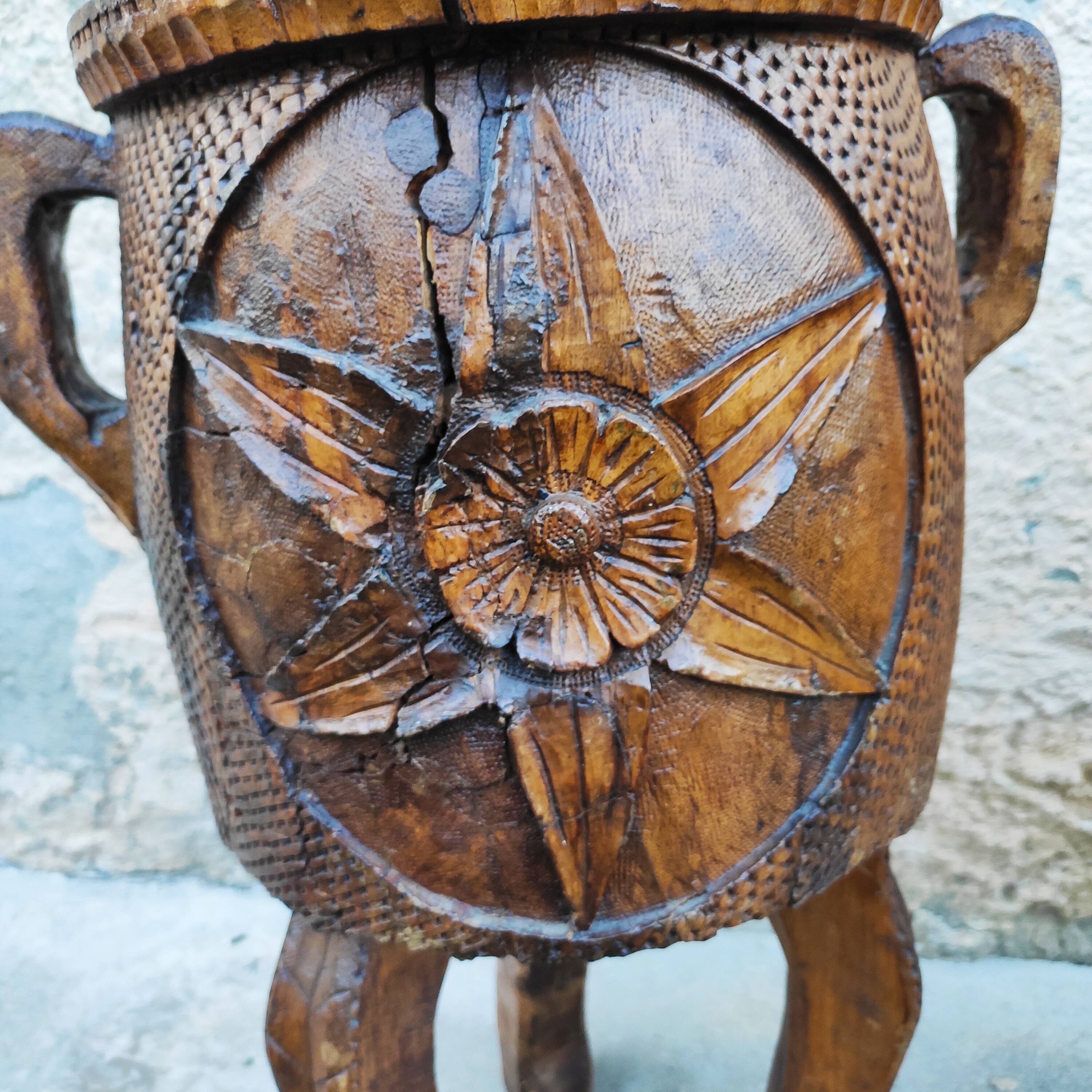 Pair of antique brutalist planters, Savoyard folk art