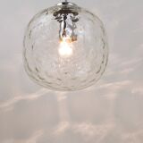 Grande lampe suspension globe en verre à bulles Limburg & chrome, Allemagne, années 1970