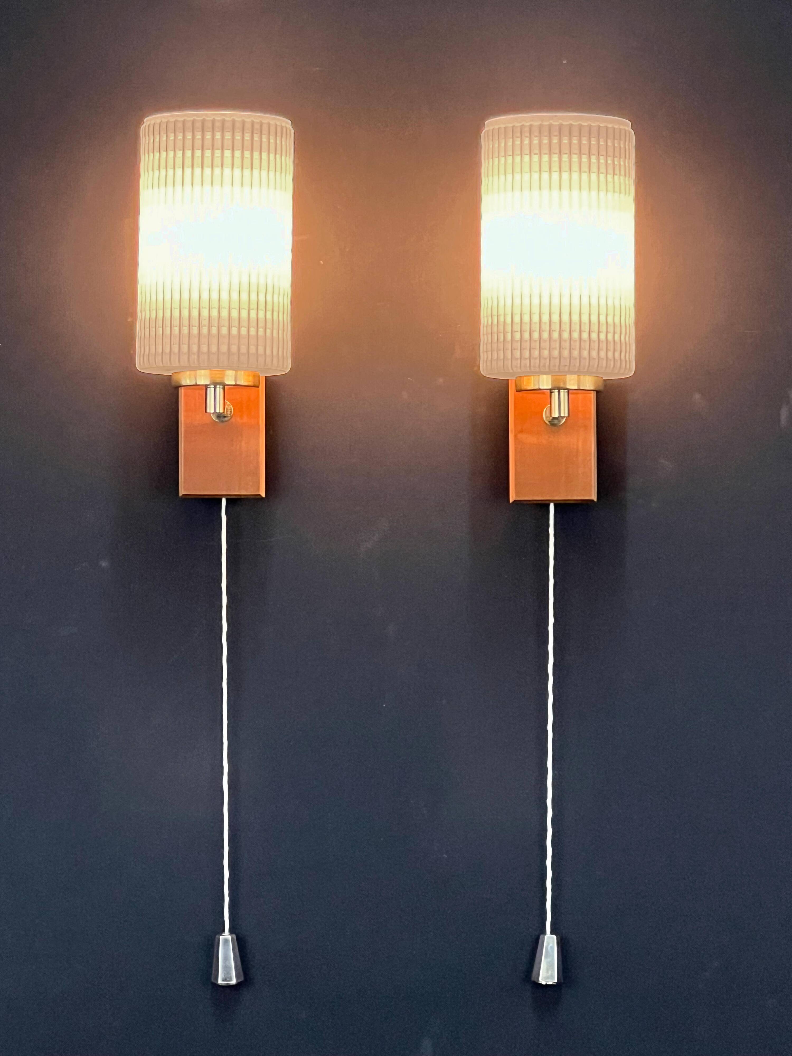 Pair of Scandinavian Wall Lights - Opaline Brass Wood - 50's 60's