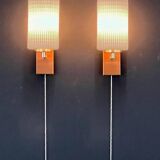 Pair of Scandinavian Wall Lights - Opaline Brass Wood - 50's 60's