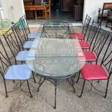 Glass and iron table with two side tables and 8 chairs