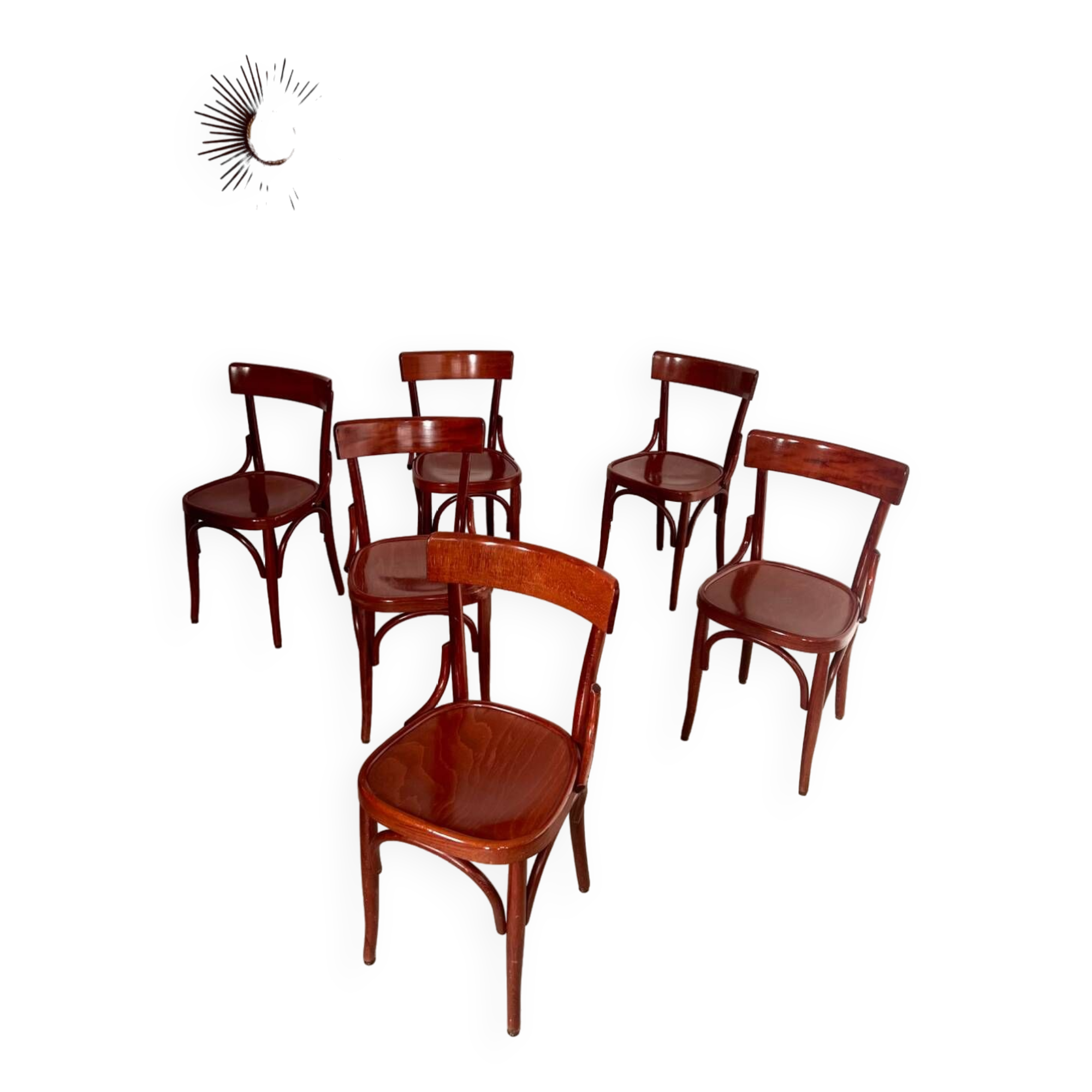 Set of 6 vintage 70s curved varnished wood bistro chairs