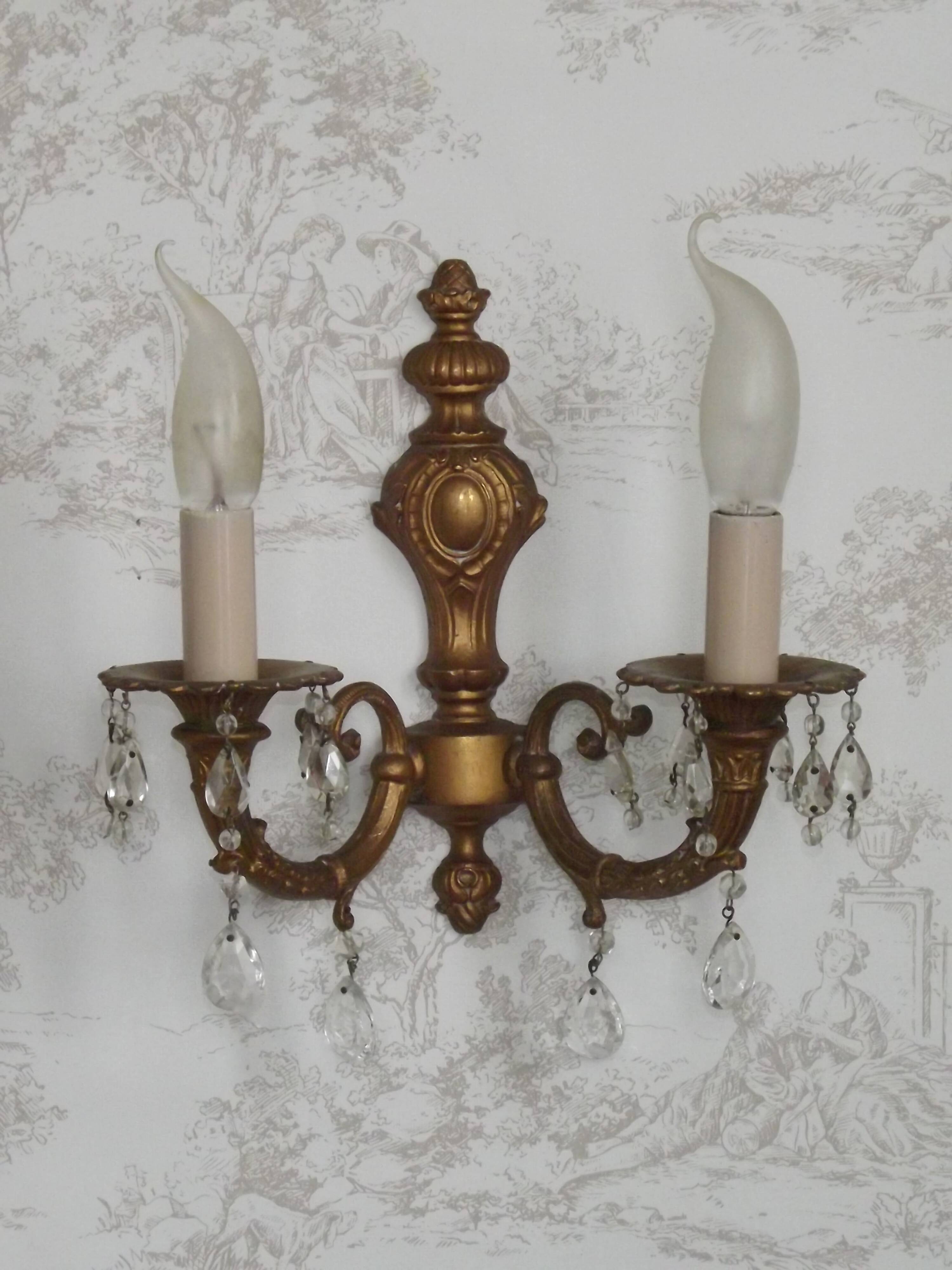 Pair French Vintage Bronze Double Wall Lights Assorted Crystal Drops 5352