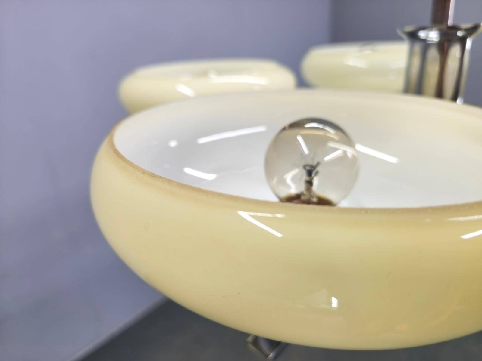 Art Deco Chrome Chandelier with Six Opaline Glass Shades, 1930s