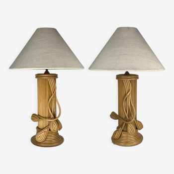 Pair pencil reed rattan bamboo large table lamps, Italy 1970s