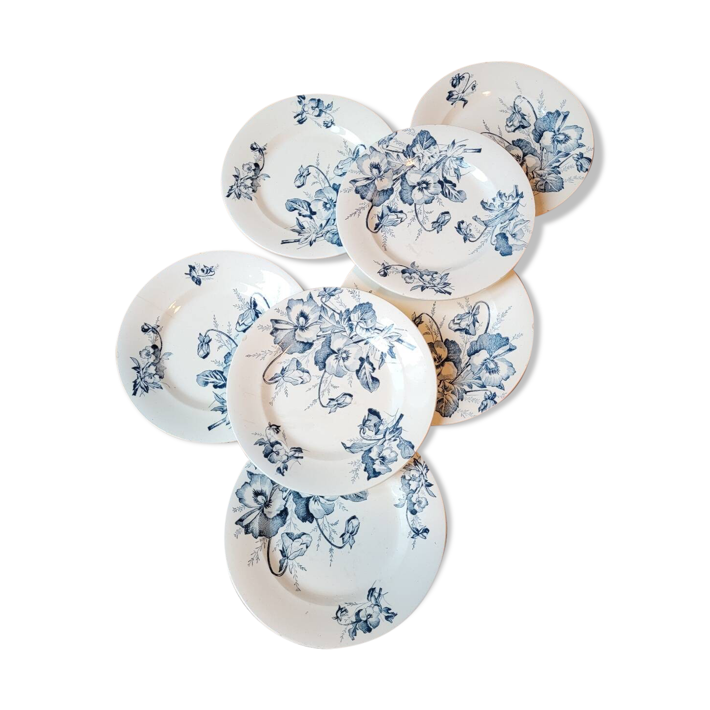 Lot de 7 assiettes à dessert "Pensées" en Terre de Fer, Salins