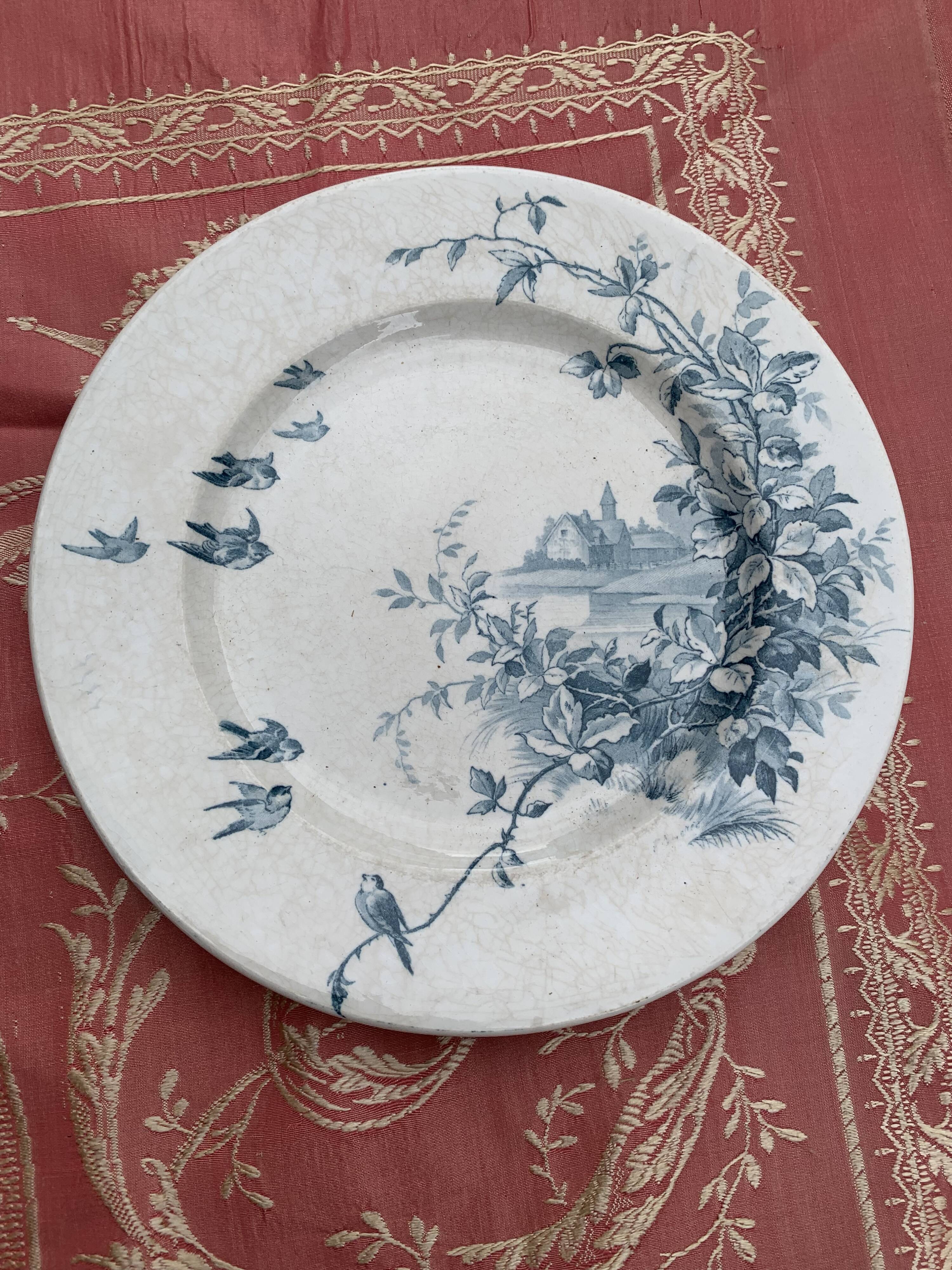 6 Antique earthenware dessert plates, matching patterns