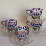Four vintage coffee cups screen printed glass and metal
