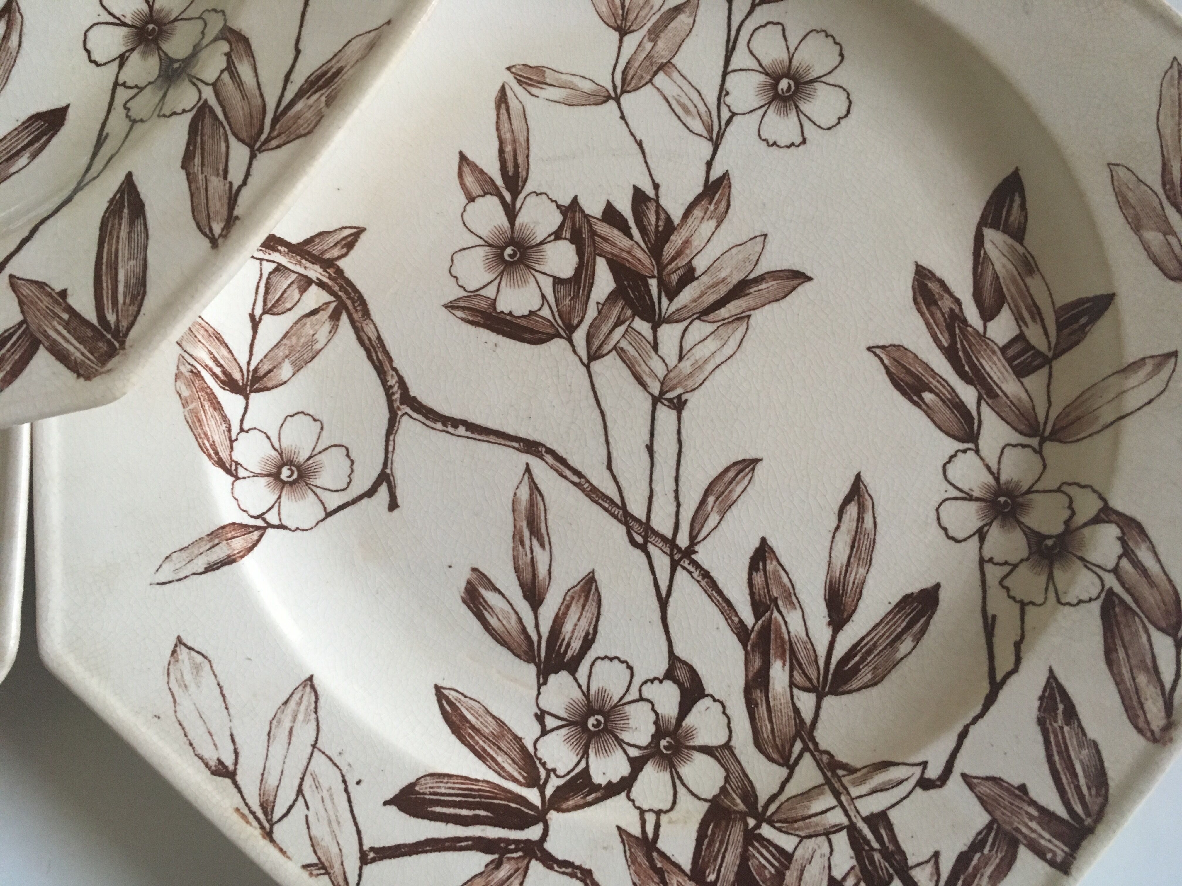 Set of 11 octagonal plates with English faience flowers 1870