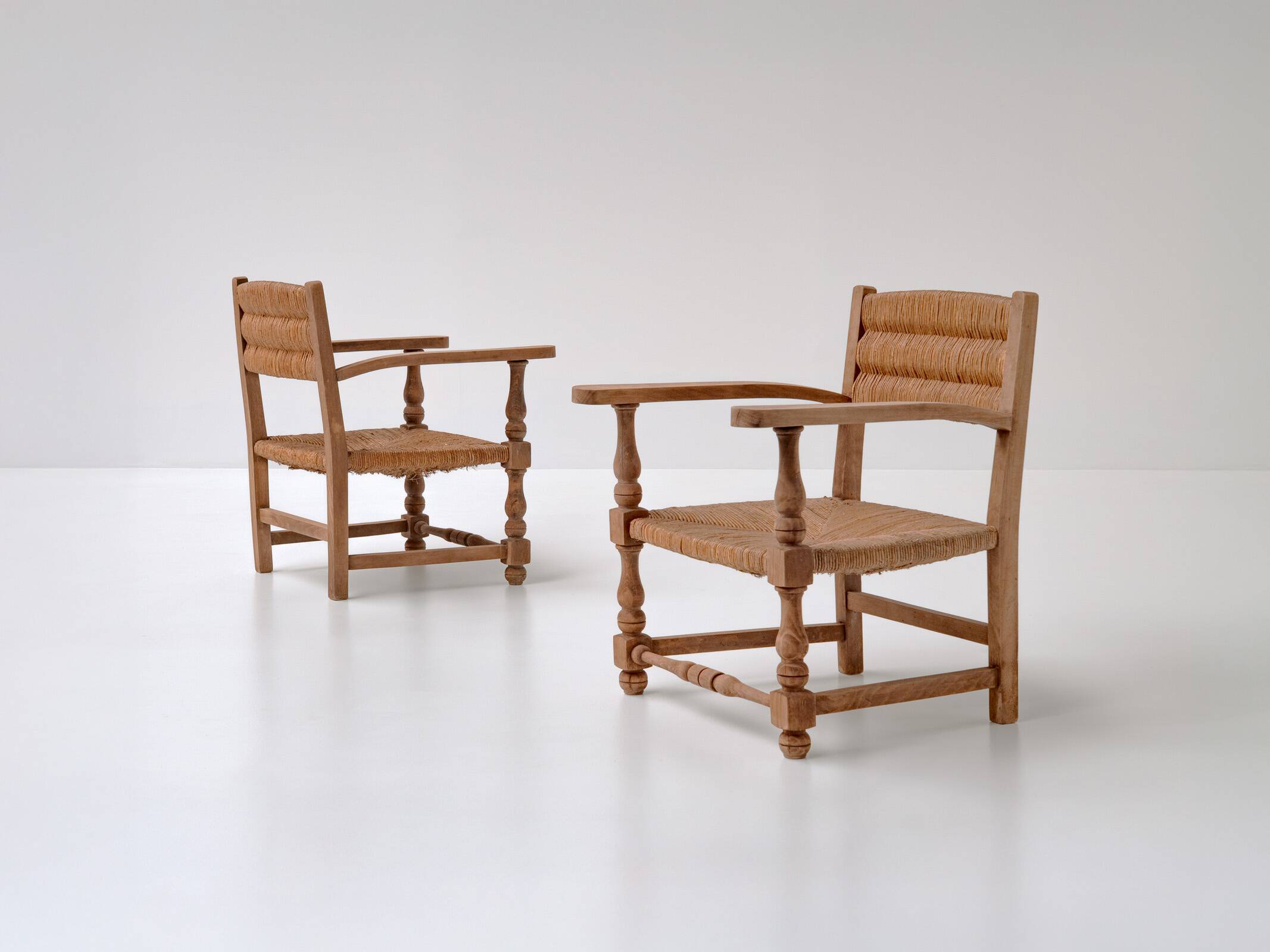 Pair of Rustic French Oak & Rush Armchairs, 1950s