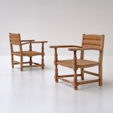 Pair of Rustic French Oak & Rush Armchairs, 1950s