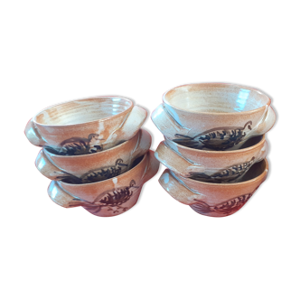 6 bols à oreilles en grés vernis, motif oiseau