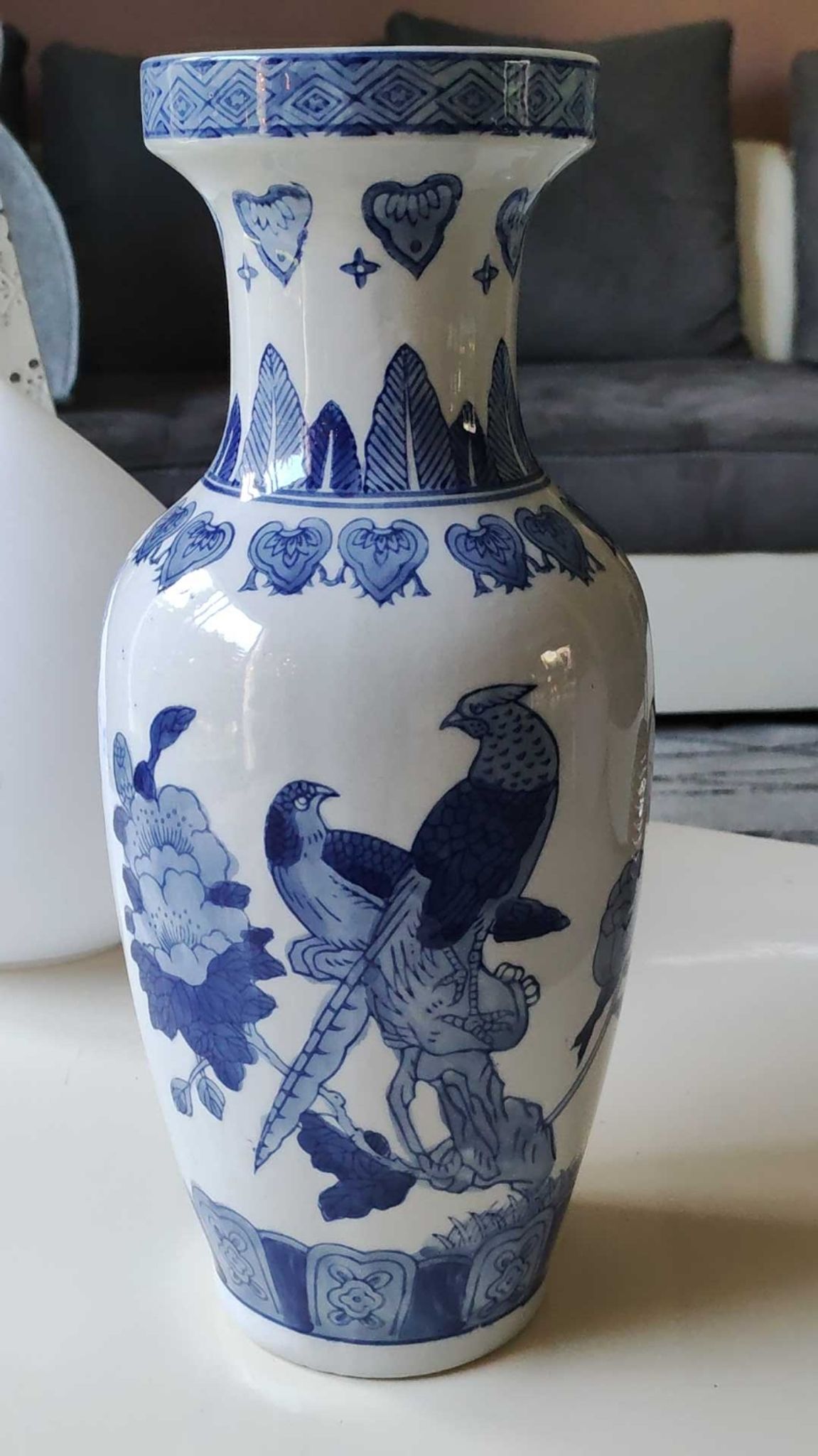 Asian baluster vase. Exotic floral/bird designs. Feather friezes, hearts. High 36 cm